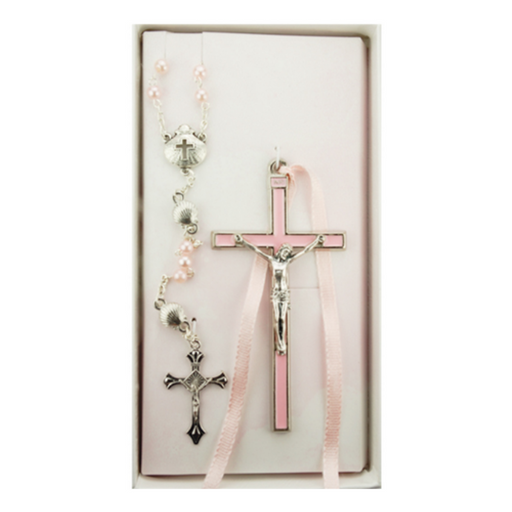 Pink Girl's Crucifix and Shell Rosary Set