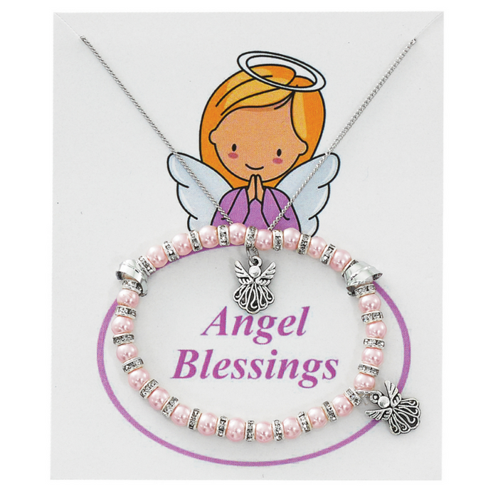 Pink Pearl Angel Bracelet and Necklace Set