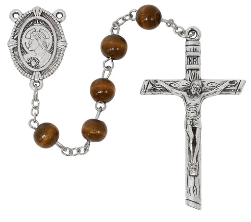 Polished Light Brown Wood Beads With Silver Ox Crucifix and Center Rosary