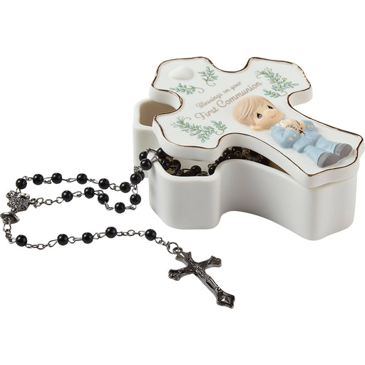 Precious Moments Cross-Shaped Communion Rosary Box for Boys – Includes Silver Rosary with Black Beads – Hand-Painted Bisque Porcelain
