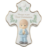 Precious Moments Cross-Shaped Communion Rosary Box for Boys – Includes Silver Rosary with Black Beads – Hand-Painted Bisque Porcelain