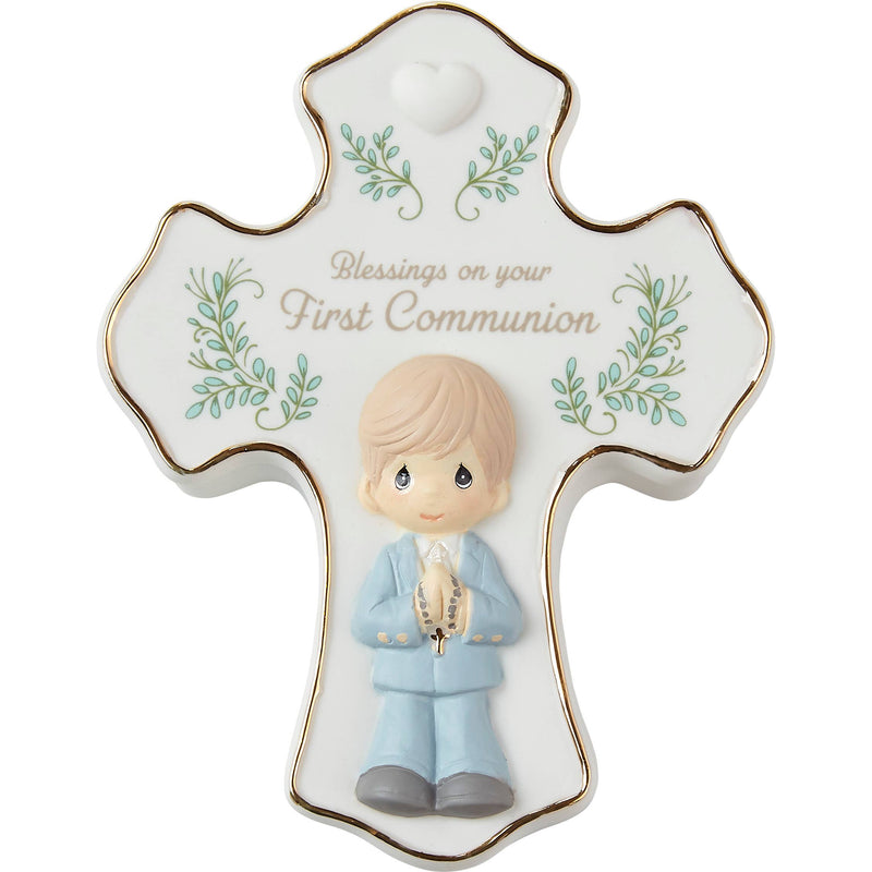 Precious Moments Cross-Shaped Communion Rosary Box for Boys – Includes Silver Rosary with Black Beads – Hand-Painted Bisque Porcelain