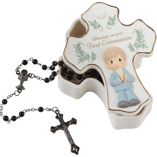 Precious Moments Cross-Shaped Communion Rosary Box for Boys – Includes Silver Rosary with Black Beads – Hand-Painted Bisque Porcelain