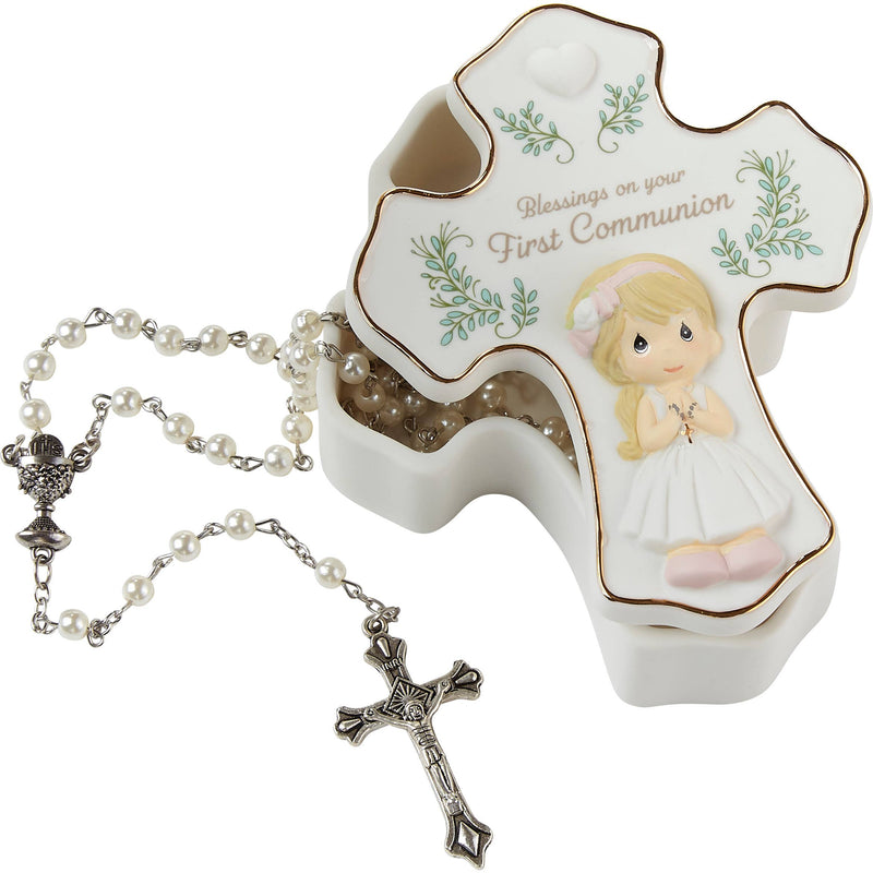 Precious Moments Cross-Shaped Communion Rosary Box for Girls – Includes Silver Rosary with Pearly Beads – Hand-Painted Bisque Porcelain