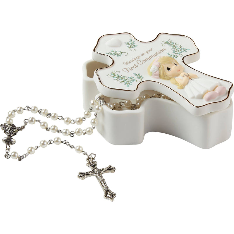 Precious Moments Cross-Shaped Communion Rosary Box for Girls – Includes Silver Rosary with Pearly Beads – Hand-Painted Bisque Porcelain