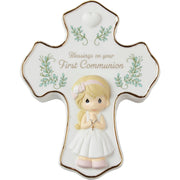 Precious Moments Cross-Shaped Communion Rosary Box for Girls – Includes Silver Rosary with Pearly Beads – Hand-Painted Bisque Porcelain