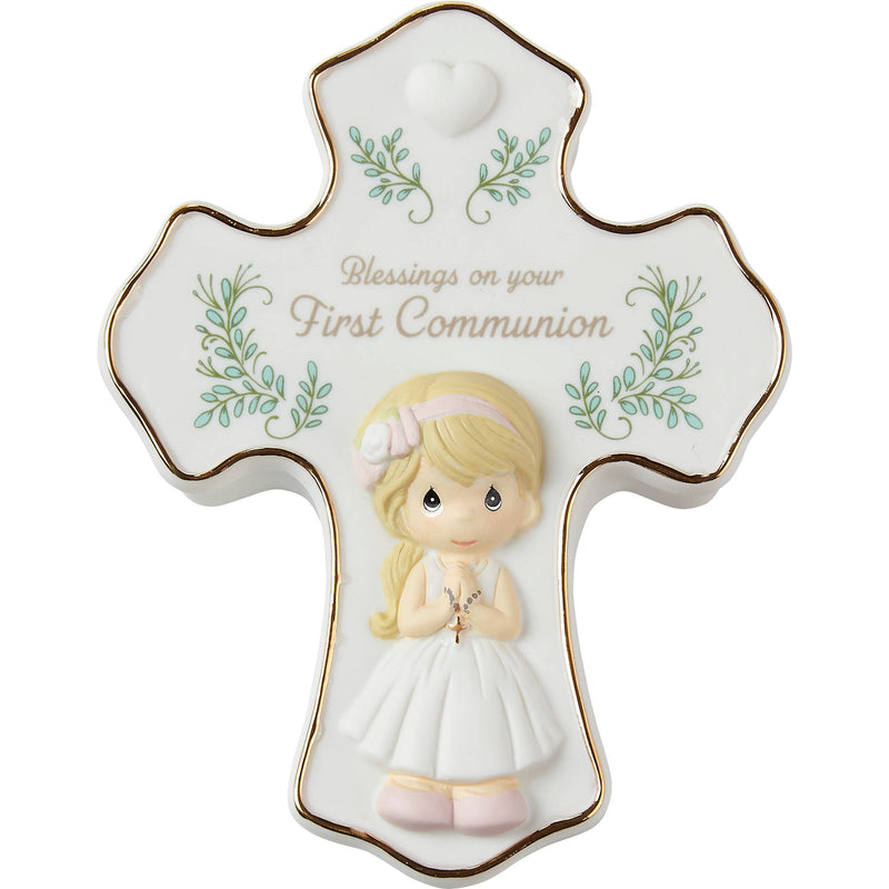 Precious Moments Cross-Shaped Communion Rosary Box for Girls – Includes Silver Rosary with Pearly Beads – Hand-Painted Bisque Porcelain