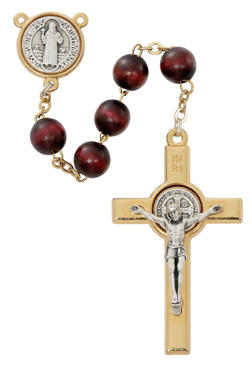 8mm Mahogany Wood St. Benedict Rosary with Two-Tone Zinc Crucifix & Center – Deluxe Gift Box
