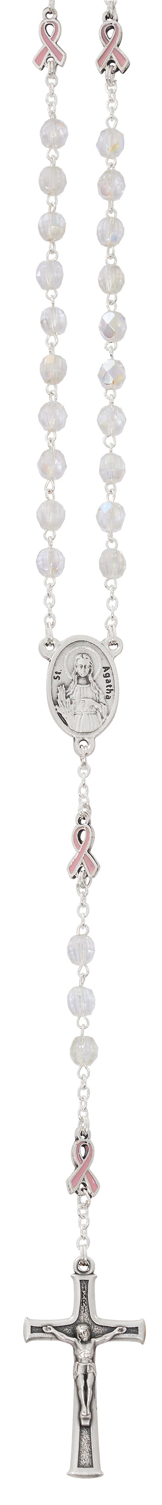 6mm Crystal St. Agatha Rosary with Pink Ribbon Our Father Beads & Gift Box – Made in Italy ()