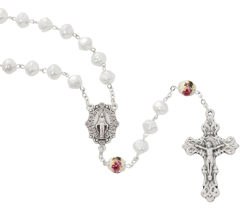 8mm Pearl Rosary with Capped Ceramic Flower Our Father Beads & Silver Ox Crucifix – Deluxe Gift Box, Made in Italy