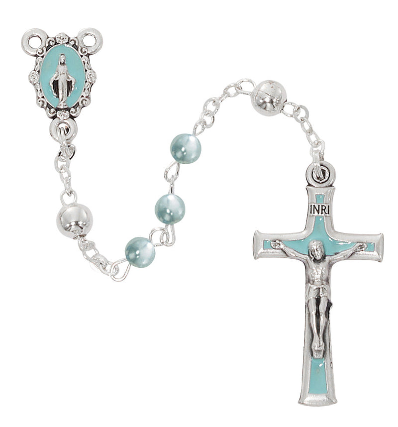 4mm Blue Pearl Baby Rosary with Silver Tone Our Father Bead & Epoxy Crucifix – Deluxe Box, Made in Italy