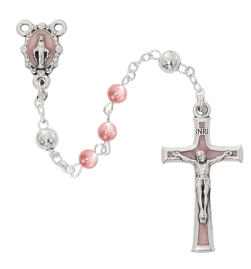 4mm Pink Pearl Baby Rosary with Silver Tone Our Father Bead & Epoxy Crucifix – Deluxe Box, Made in Italy