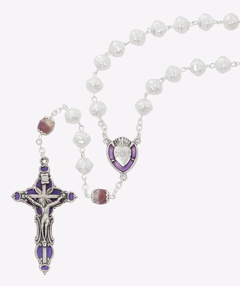 8mm Pearl Rosary with Capped Amethyst Our Father Beads & Amethyst Enameled Crucifix – Deluxe Gift Box, Made in Italy