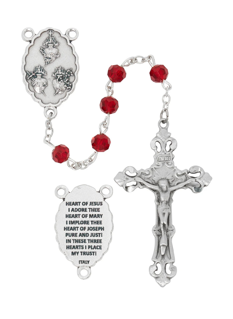6mm Red Crystal Tin Cut Rosary with Silver Ox 3 Hearts Crucifix & Center – Deluxe Gift Box, Made in Italy