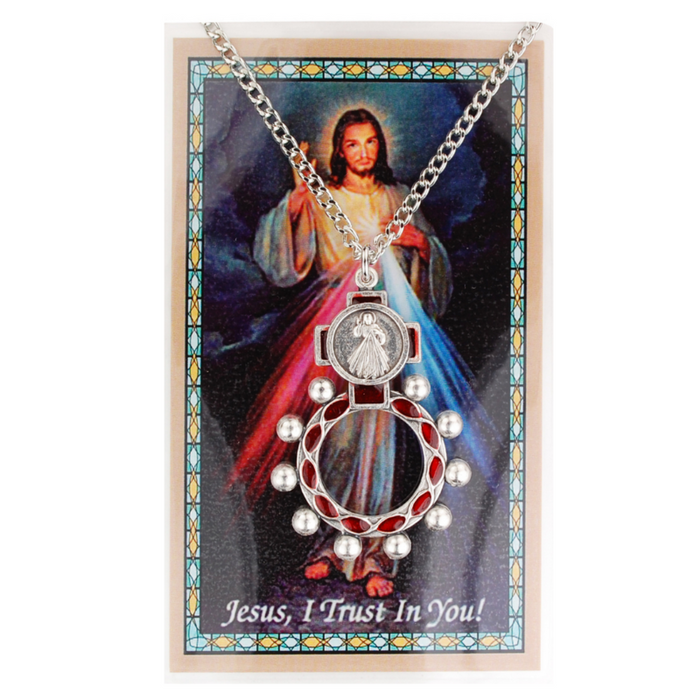 Red Divine Mercy Rosary Ring Necklace Chain with Laminated Prayer Card