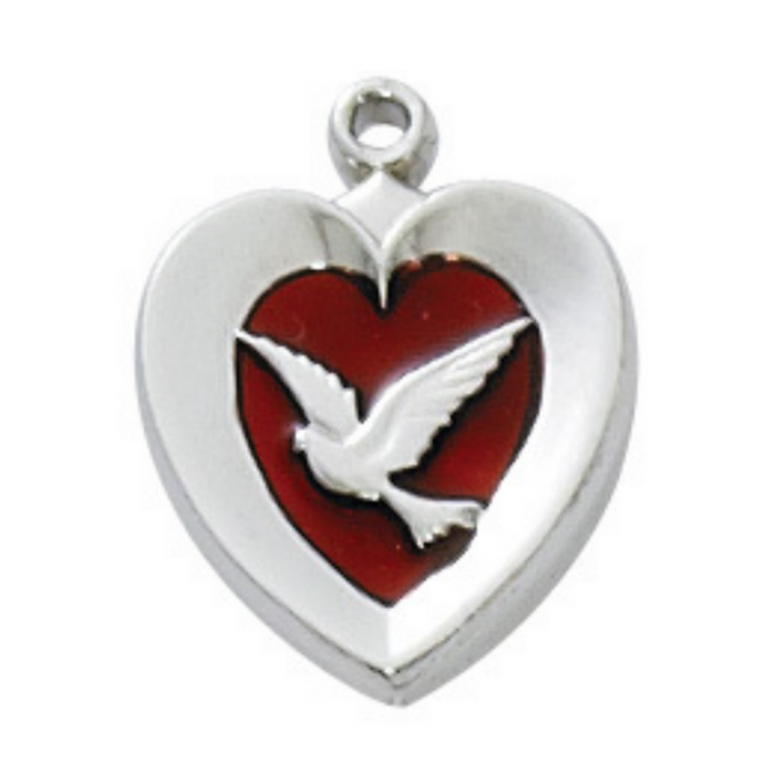 Red Enamel Heart with Dove Pendant and 18" Rhodium Plated Chain