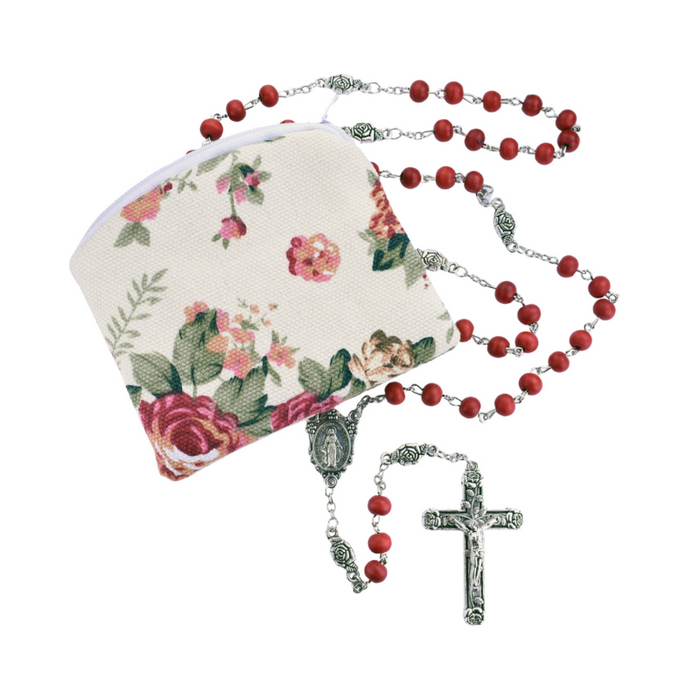 Red Scented Rosary with Floral Rosary Pouch