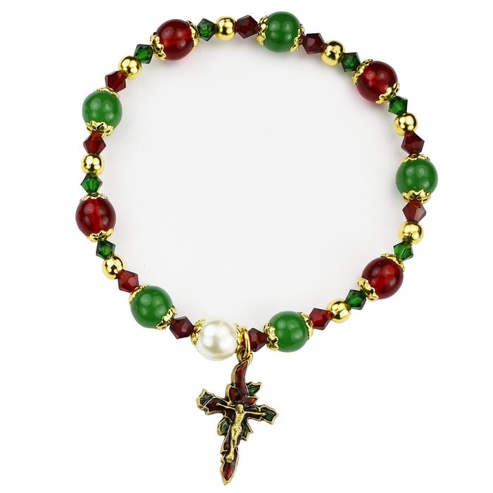 Red and Green Poinsettia Stretchable Rosary Bracelet