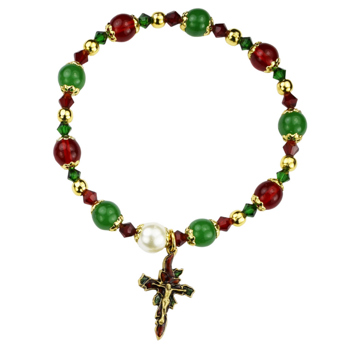 Red and Green Poinsettia Stretchable Rosary Bracelet