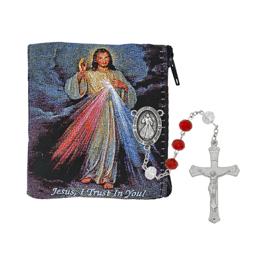 Red and White Crystal Divine Mercy Rosary with Pouch