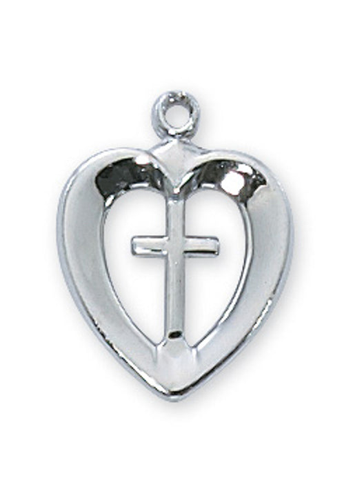 Rhodium Heart Cross Medal with 16" Stainless Chain