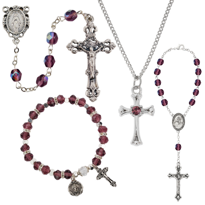 Rhodium Necklace Cross, Auto Rosary, Rosary Bracelet And Rosary - Birthstone Amethyst Gift Set