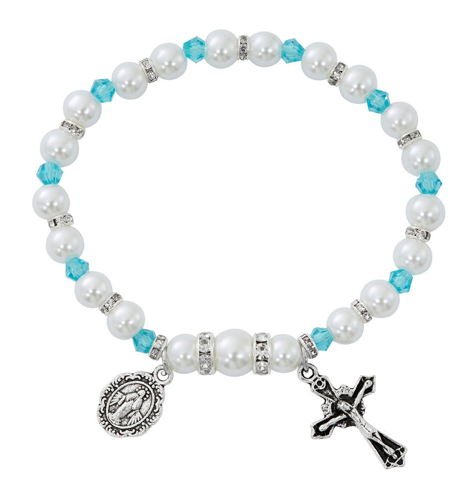 Rhodium Necklace Cross , Rosary Pearl Bracelet And Pearl Rosary - Birthstone Aqua Gift Set