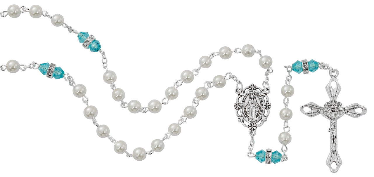 Rhodium Necklace Cross , Rosary Pearl Bracelet And Pearl Rosary - Birthstone Aqua Gift Set'