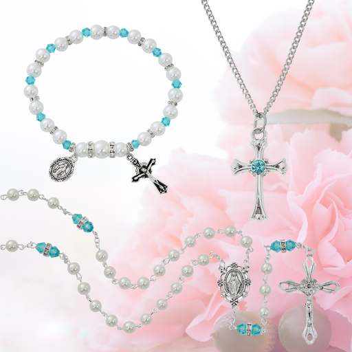 Rhodium Necklace Cross , Rosary Pearl Bracelet And Pearl Rosary - Birthstone Aqua Gift Set