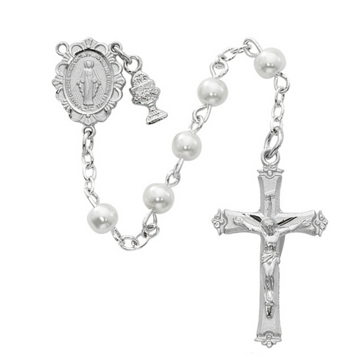 Round White Pearl Miraculous Medal Communion Rosary - BEST SELLER