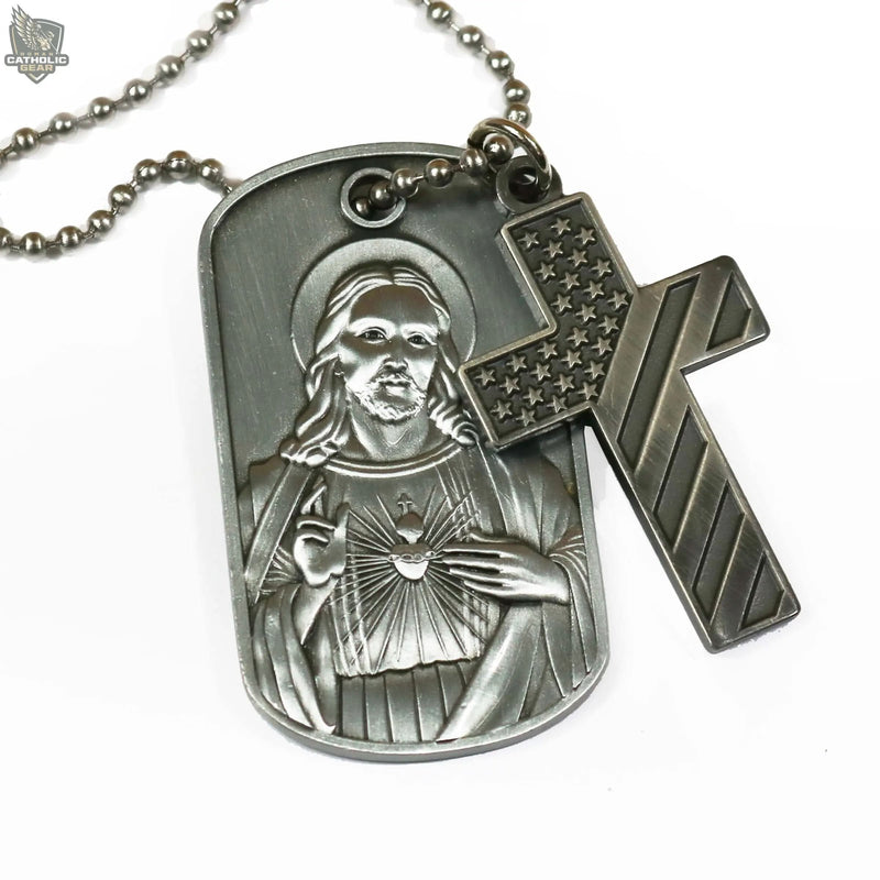 Sacred Heart Dog Tag and American Flag Cross