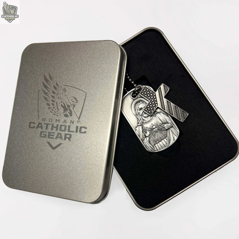 Sacred Heart Dog Tag and American Flag Cross