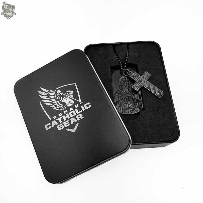 Sacred Heart Dog Tag and American Flag Cross