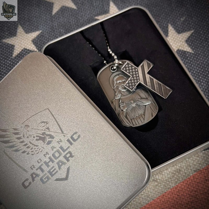 Sacred Heart Dog Tag and American Flag Cross