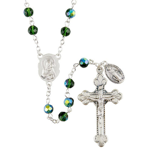 Sacred Heart Prague Emerald Rosary With Miraculous Medal Dangle