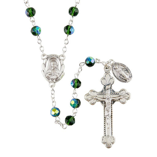 Sacred Heart Prague Emerald Rosary With Miraculous Medal Dangle