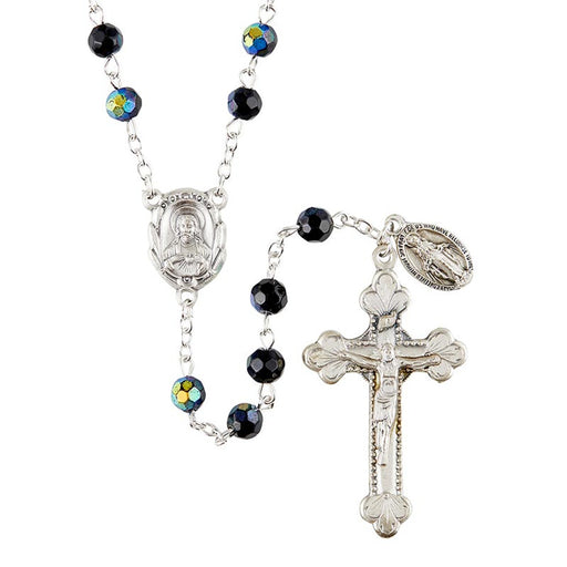 Sacred Heart Prague Jet Rosary With Miraculous Medal Dangle