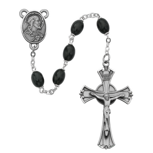 Sacred Heart Rosary with 6x8mm Black Wood Beads