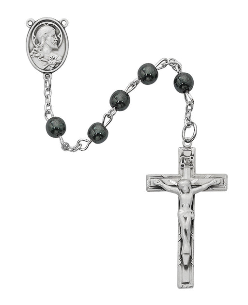 Sacred Heart Rosary with Genuine Hematite Beads and Sterling Silver Center and Crucifix