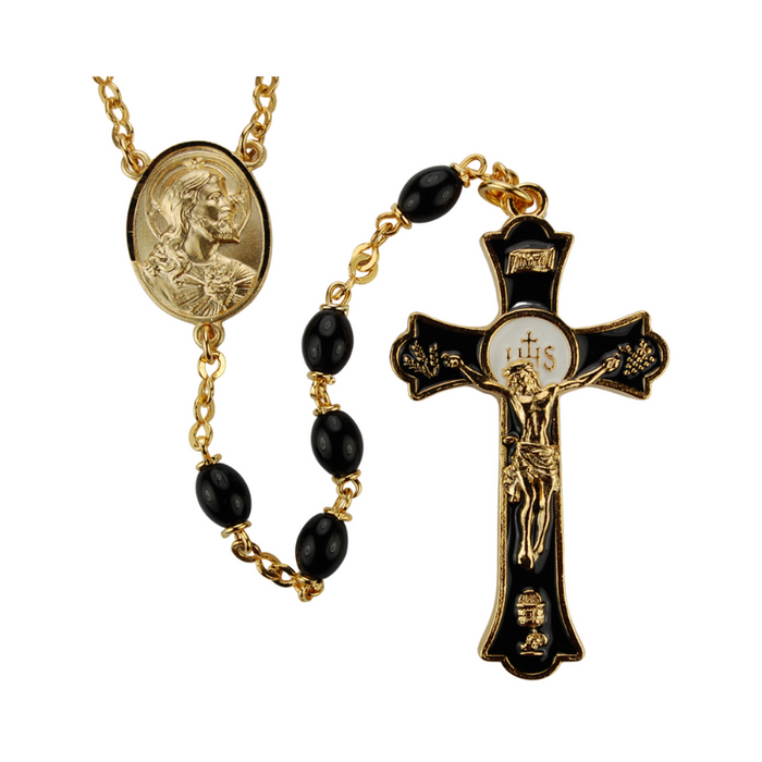 Sacred Heart of Jesus Black Oval Beads Rosary