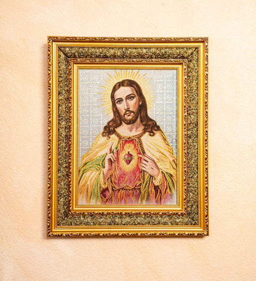Sacred Heart of Jesus Double Padded Image – Handcrafted Tapestry, Gold Frame with Gold Accents
