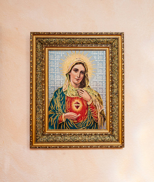 Sacred Heart of Mary Double Padded Image – Handcrafted Tapestry, Gold Frame with Gold Accents