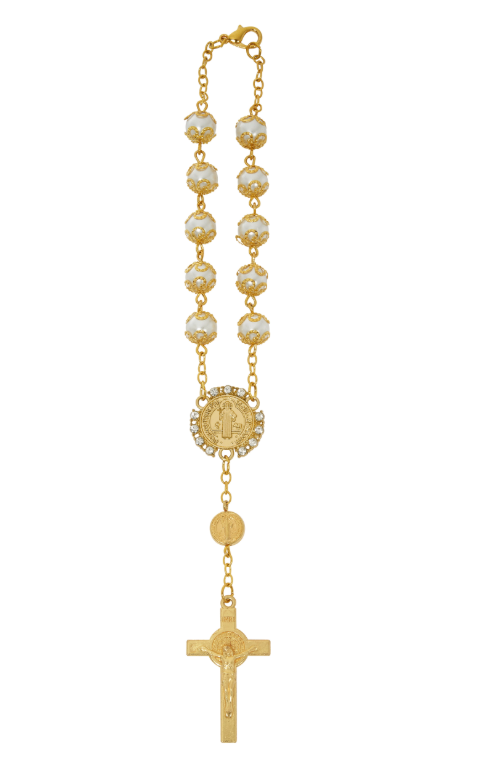 8mm Gold Plated Capped Pearl St. Benedict Auto Rosary