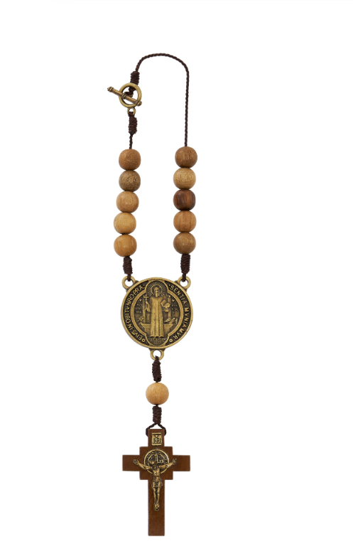 10mm Brown Wood St. Benedict Auto Rosary