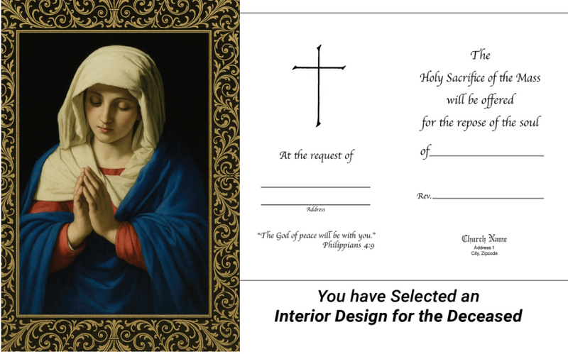 MC 42 Stock Mass Card – The Virgin in Prayer | Catholic Mass Cards for Parishes