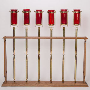 Set of 6 Torches with Base Stand - Red Glass Globes Included