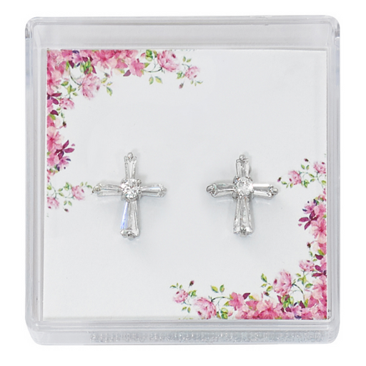 Silver Crystal Cubic Zirconia Cross Communion Earring