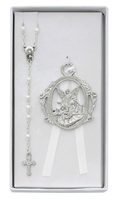 Silver Guardian Angel Crib Medal with White Pearl Rosary