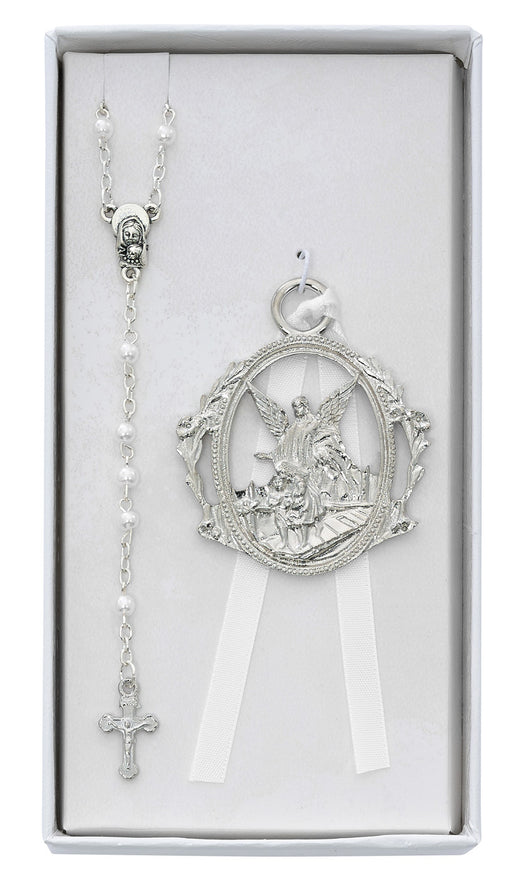 Silver Guardian Angel Crib Medal with White Pearl Rosary