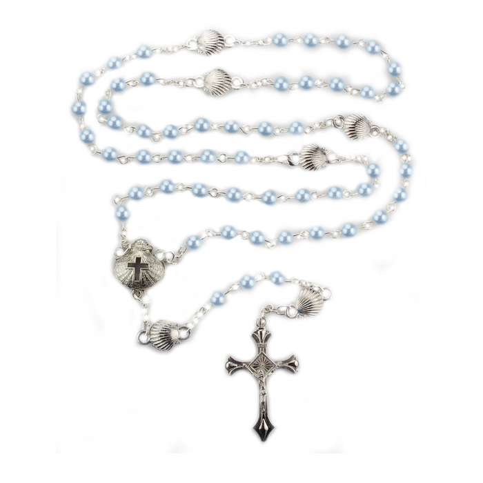 Silver Ox Baptism Shell w/ Blue Pearl Beads Rosary